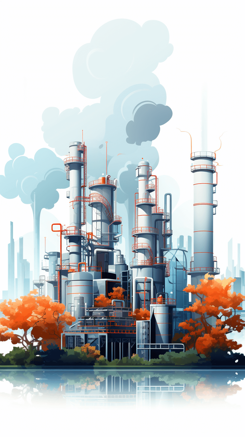 Cartoon style, white background, simple lines, flat colors, industrial plant scene, chemical production line, large smokestacks emitting gray air, trees with orange leaves next to the building, reflection on water surface, urban landscape in distance. The whole picture is simple and clean, highlighting details of modern technological equipment, bright lighting effects, and a strong sense of perspective. It has clear textures, a positive angle view, and a wideangle lens.,,in