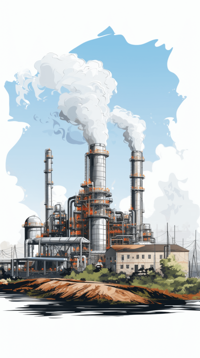 A cartoon style illustration of an industrial plant with smokestacks and tanks, set against the backdrop of nature and buildings. The color palette includes white clouds in blue sky, green trees on brown soil, grey factory walls, gray pipes, orange towers, black power lines. A river flows nearby, adding to the scene's realistic feel. This is a detailed vector art drawing, showcasing high resolution and sharp focus. It captures the essence of urban life while maintaining simplicity.