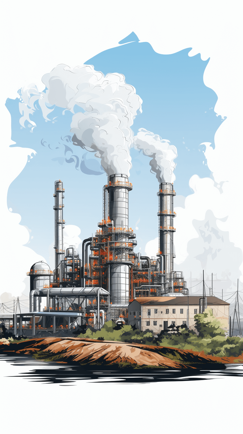 A cartoon style illustration of an industrial plant with smokestacks and tanks, set against the backdrop of nature and buildings. The color palette includes white clouds in blue sky, green trees on brown soil, grey factory walls, gray pipes, orange towers, black power lines. A river flows nearby, adding to the scene’s realistic feel. This is a detailed vector art drawing, showcasing high resolution and sharp focus. It captures the essence of urban life while maintaining simplicity.