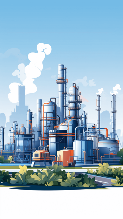 Cartoon style vector illustration of an industrial oil production plant with smokestacks and modern equipment, set against the backdrop of blue sky. The scene includes elements like greenery, road or street leading to it, silhouettes of city buildings in background, creating a sense of urban environment. Bright colors, clear lines, high resolution.