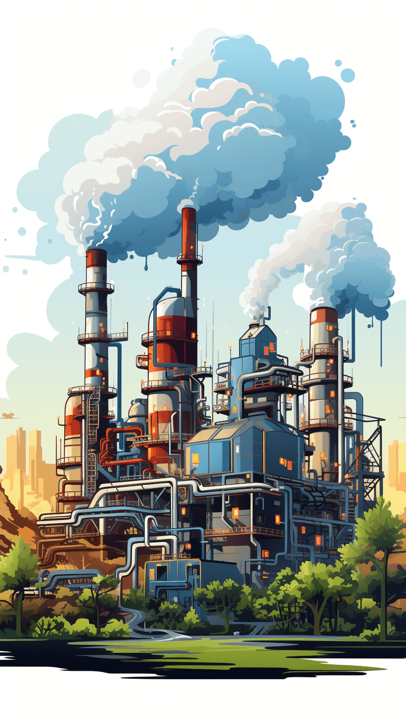 Cartoon style illustration of an industrial plant with smokestacks and pipes, set against the backdrop of nature. The scene includes lush greenery and trees around it, contrasting its large scale and towering structure with the natural environment. It is depicted in bright colors, emphasizing a cheerful atmosphere.