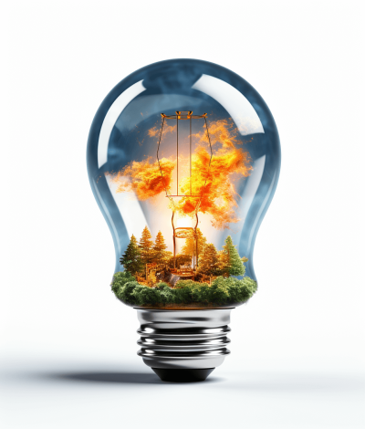 A light bulb with an island inside, burning trees and fire in the center, isolated on a white background, in the style of photorealistic hyperrealism with fine details and insanely detailed rendering, presented as a high resolution photograph with professional color grading and isolated plain from an award winning photoshoot.