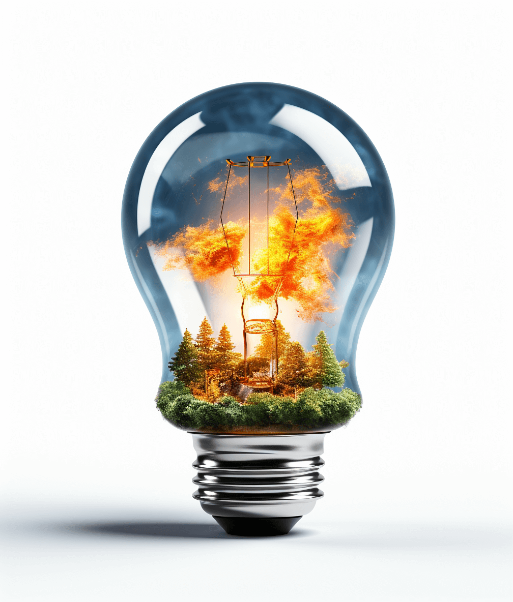 A light bulb with an island inside, burning trees and fire in the center, isolated on a white background, in the style of photorealistic hyperrealism with fine details and insanely detailed rendering, presented as a high resolution photograph with professional color grading and isolated plain from an award winning photoshoot.