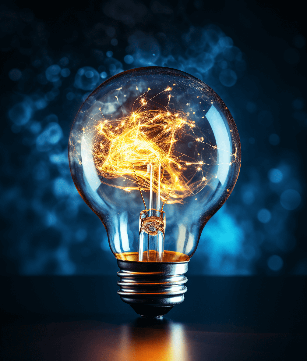 A light bulb with glowing electric sparks inside, symbolizing innovative ideas and technology on a dark blue background. The concept of a new energy flow in the brain for a business idea in the style of concept.