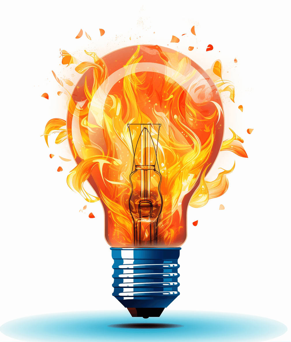 vector illustration of an electric bulb with fire inside, white background, high resolution, higly detailed, photo realistic