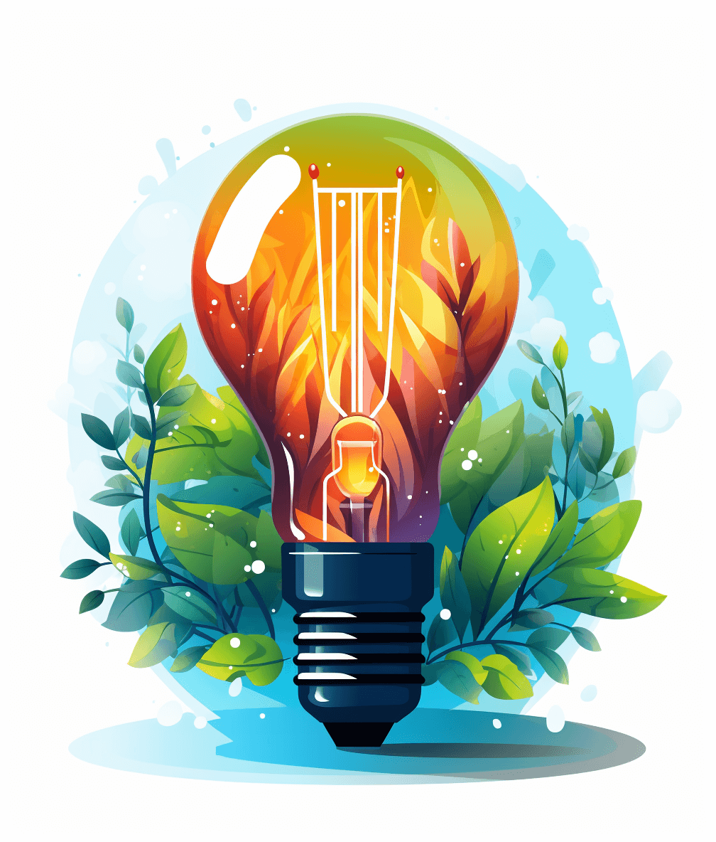 vector illustration of an ecofriendly light bulb, the lightbulb is surrounded by leaves and nature elements on a white background. It has a colorful, flat design with detailed digital art in the vector graphic style. The light colors use a green, blue, orange, yellow and red palette with the image isolated on the white background at high resolution with high details and sharp images with no text in the picture.