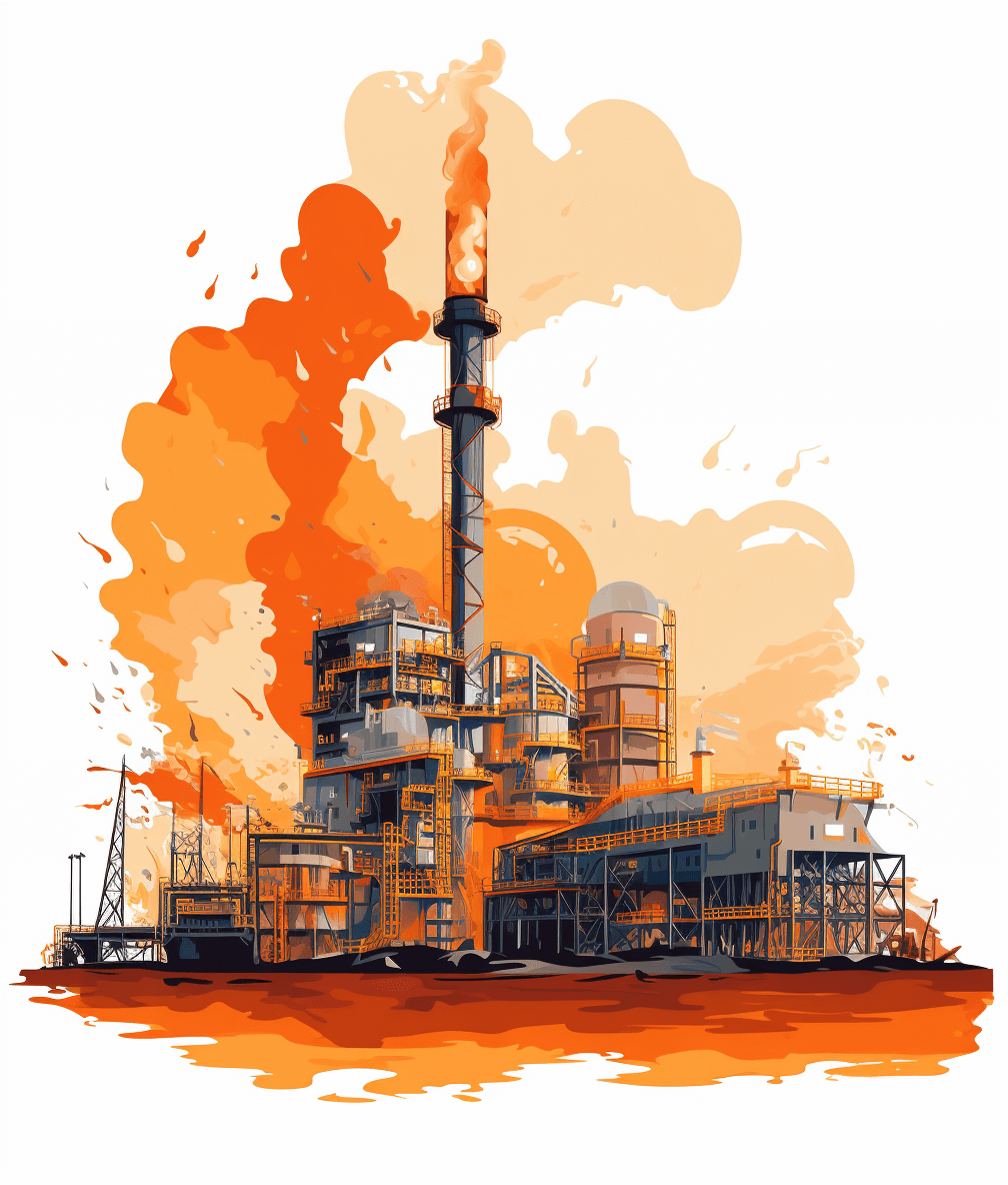 a vector illustration of an industrial plant with smoke coming out, white background, orange color palette, digital art style