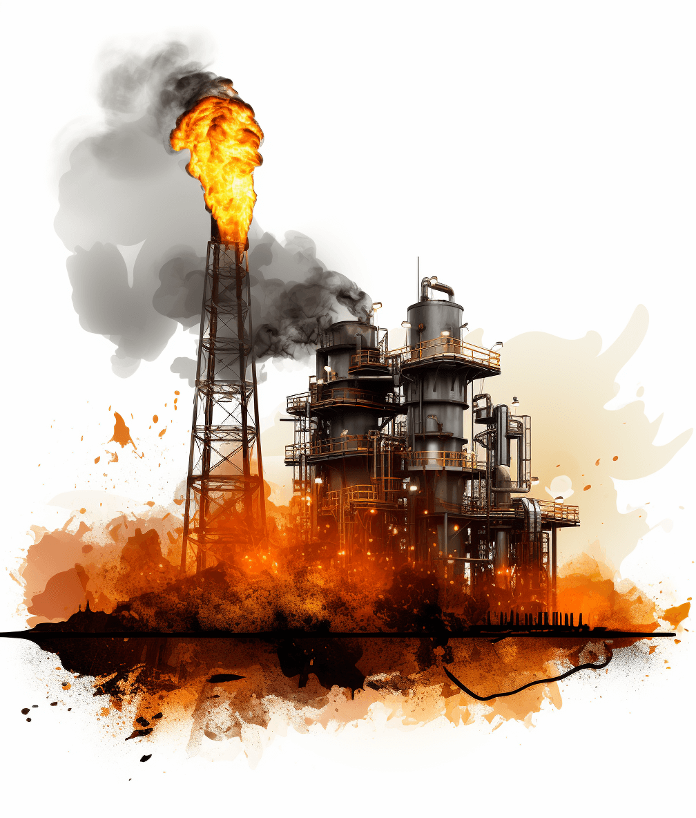 A realistic oil factory on fire against a white background, vector art illustration with high resolution and high details in the style of watercolor and digital painting with digital airbrushing and a paper texture cutout style on a white background in PNG format.