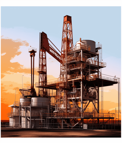 A detailed illustration of an industrial oil field platform, set against the backdrop of sunset. The scene includes cranes and machinery associated with construction, along with silos for storage. This is a front view of a massive steel structure with multiple floors and balconies, all in shades of orange and white. It is a full body shot with no background or elements to keep it simple.