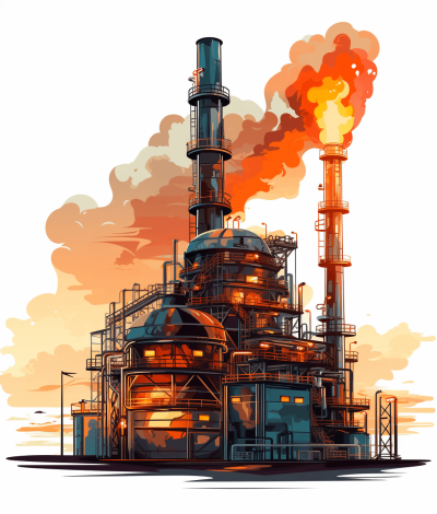 An oil industry illustration of an industrial plant with a gas flame on a white background in the style of flat colors and a vector art style with high contrast colors created with digital painting and drawing techniques in a cartoon style using low saturation colors and fade edges with a solid outline on a white isolated background for a 2D design, sticker design, or tshirt print design.