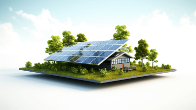 3D rendering of an ecofriendly house with solar panels on the roof, surrounded by trees and grass. The scene is set against a white background, creating contrast between the light blue sky and greenery. In front of it stands an isolated platform that serves as a base for photovoltaic technology. This illustration symbolizes sustainable energy production for home use in the style of minimal editing of the original text.