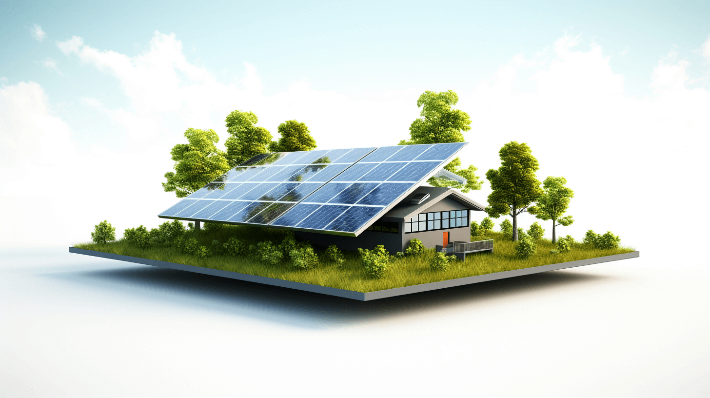 3D rendering of an ecofriendly house with solar panels on the roof, surrounded by trees and grass. The scene is set against a white background, creating contrast between the light blue sky and greenery. In front of it stands an isolated platform that serves as a base for photovoltaic technology. This illustration symbolizes sustainable energy production for home use in the style of minimal editing of the original text.