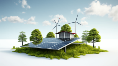 3D rendering of an eco-friendly house with solar panels and wind turbines on a grassy island isolated against the sky background. Concept for green energy, renewable electricity, or sustainable power generation system. In the style of s200 c4.