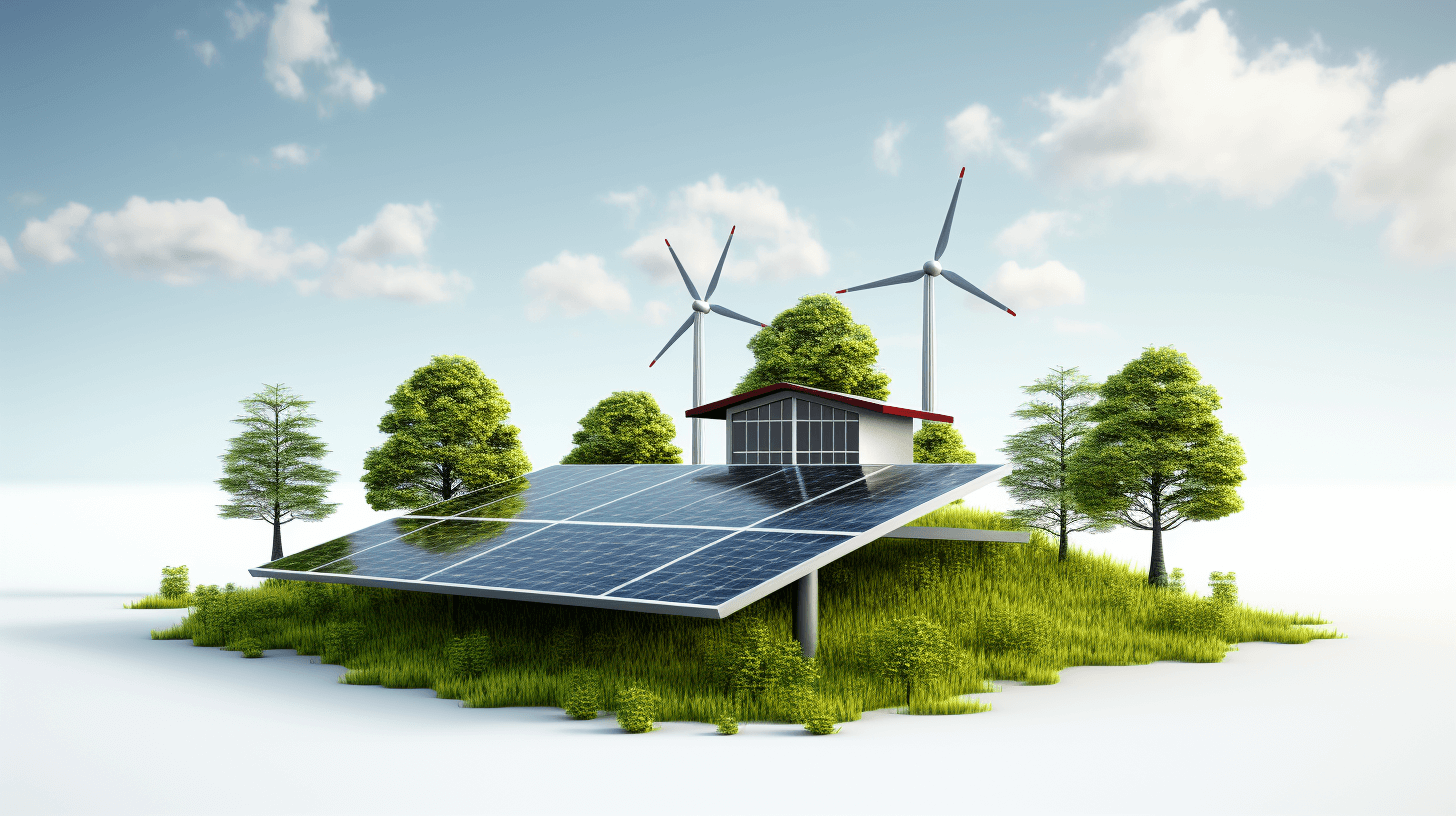 3D rendering of an eco-friendly house with solar panels and wind turbines on a grassy island isolated against the sky background. Concept for green energy, renewable electricity, or sustainable power generation system. In the style of s200 c4.