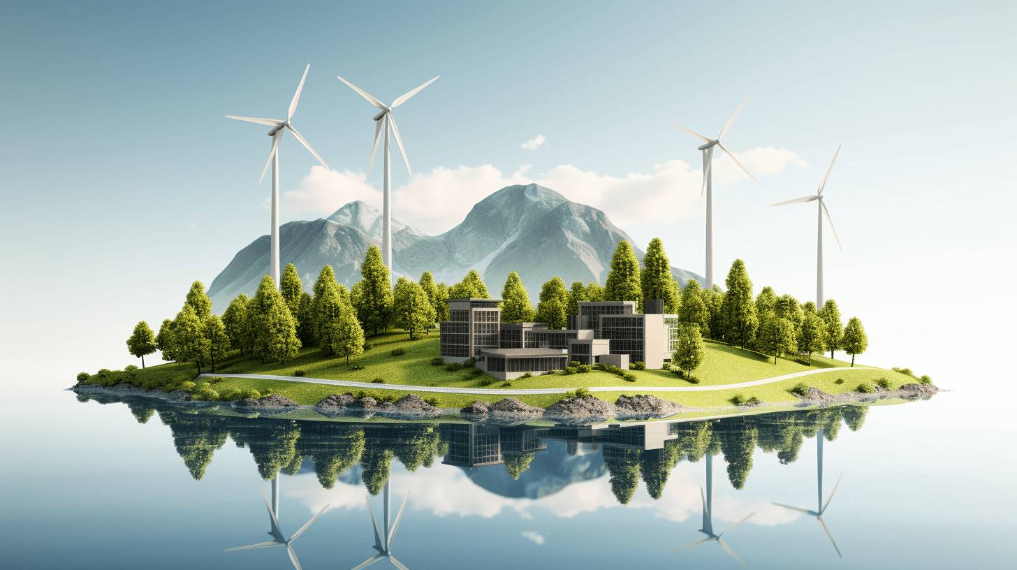 A small island with wind turbines and green energy production, set against the backdrop of mountains and forests. The scene is rendered in 3D with a white background, creating an ecofriendly atmosphere. In front there is a modern building surrounded by trees on one side, while another part has a water reflection. This concept represents sustainable power generation for renewable energy. It uses realistic textures to convey environmental themes in the style of modern digital art.