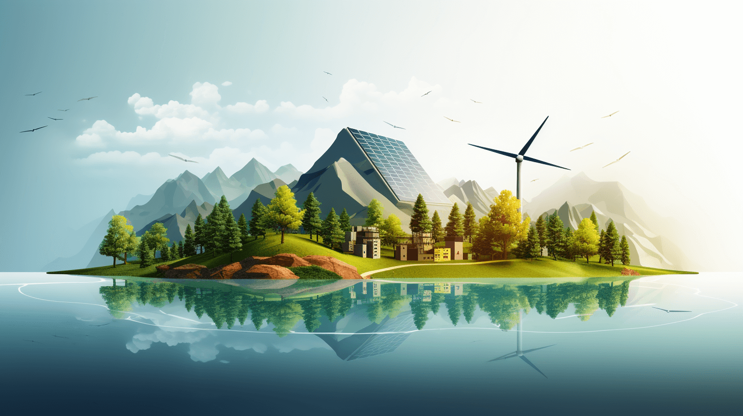 3D illustration of an island with wind turbines and solar panels, a forest on the shore, mountains in the background, a white sky, a reflection effect on the water surface, high resolution, in the style of illustration, 2D design, a green color palette, bright colors, vector graphics, flat design, a detailed landscape, clean lines, high quality, a natural look, a modern feel, high definition, high detail, professional, high resolution, a natural look, natural light, high contrast, sharp focus, high resolution.