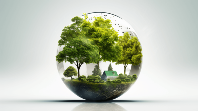 Surrealistic style, green trees and grass inside the glass sphere with a forest landscape, a small house in the woods on the ground of the ball, white background, 3D rendering with studio light, high resolution photography, insanely detailed with fine details, an isolated object in sharp focus, stock photo with professional color grading, award winning photography with natural lighting, volumetric light, super realistic in the style of hyper realism.