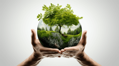 A hand holds a green earth with a tree and forest landscape inside, isolated on a white background, in the style of a copy space concept for ecology, environment protection and air quality, as a stock photo contest winner. It is a high resolution photography.