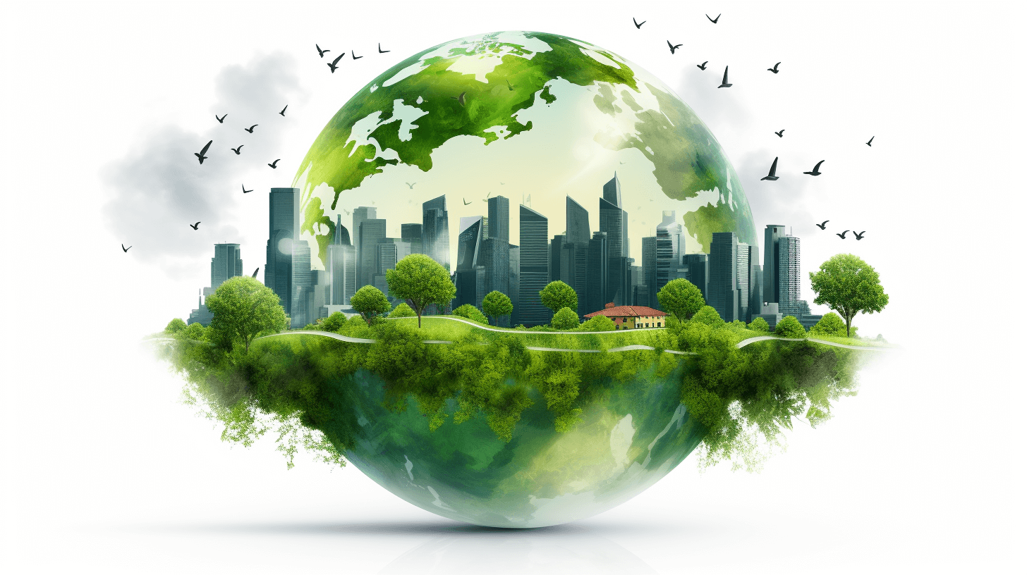 Green earth with cityscape and trees isolated on white background, concept of environment protection, ecology or energy saving . , Isolated on pastel background