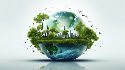 Green Earth with City and Trees on the Green Planet, white background, high resolution photography