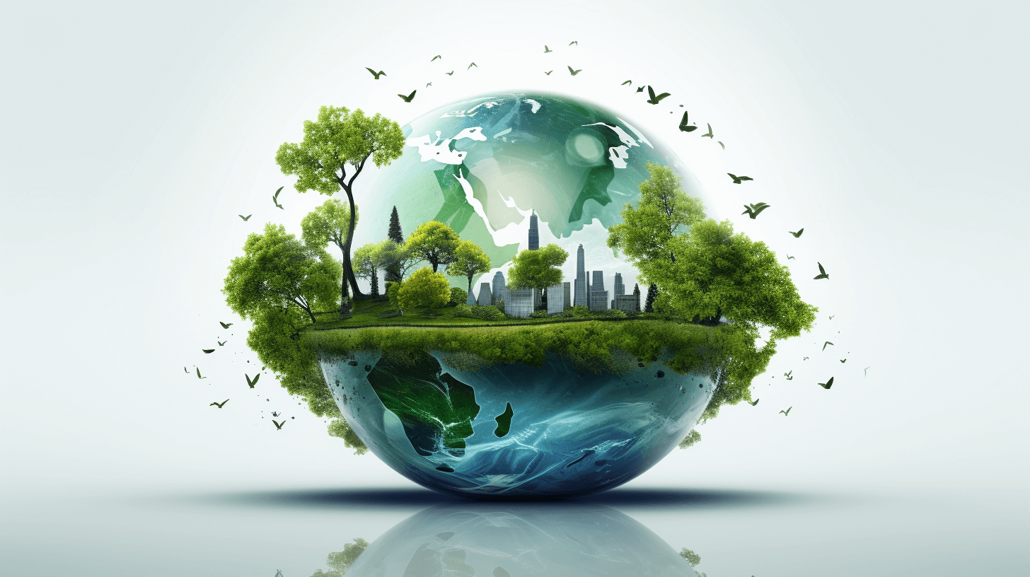 Green Earth with City and Trees on the Green Planet, white background, high resolution photography