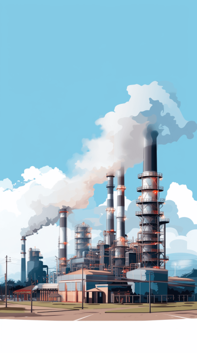 In the style of Japanese anime, create an illustration of a modern petrochemical plant with smokestacks and industrial equipment against a blue sky background. The scene should capture the essence of energy production in daylight, emphasizing clean air. Use flat colors to highlight details like metal structures and steam billowing from the stacks. Ensure that there is no text or words on any part of the image for easy understanding.