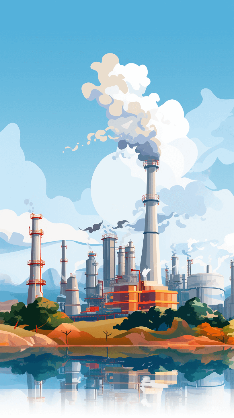 Cartoon style, flat illustration style, oil plant, large smokestacks emitting white clouds of smoke into the sky, simple background, simple lines, vector illustrations, high resolution, high details, colorful, poster art, flat design, high angle view, wide frame, lake reflection, landscape perspective. Graphic design poster, high detail, high quality, in the style of cartoon illustration.