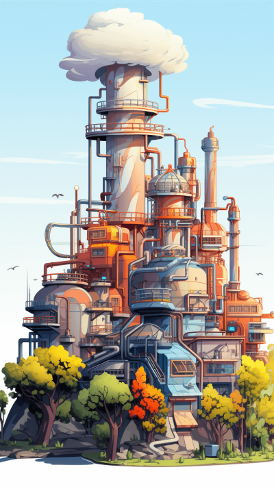 A cartoon style factory building with pipes, smokestacks and lots of colorful machinery, set in the middle of nature. The illustration is created using digital techniques to capture its vibrant colors and unique design. It features a wide perspective that includes trees and other plants around it. This artwork showcases an industrial complex that seems both futuristic yet connected to traditional elements, in the style of Cartoon Style, High Resolution.