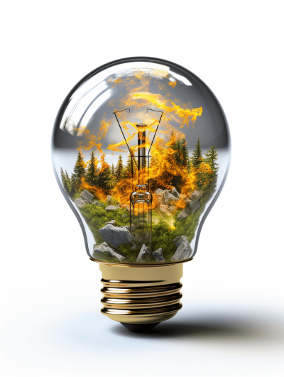 3D rendering of an electric bulb with a forest and fire inside, isolated on a white background, in the style of stock photo