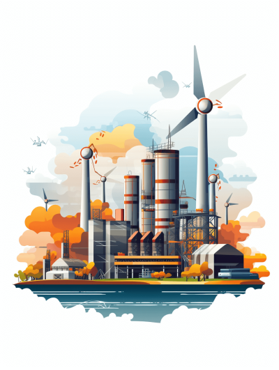 Flat vector illustration of an industrial factory with wind turbines in the background, white background, pastel colors, autumn season, high resolution, detailed, concept art for poster or web design, in the style of surrealism.