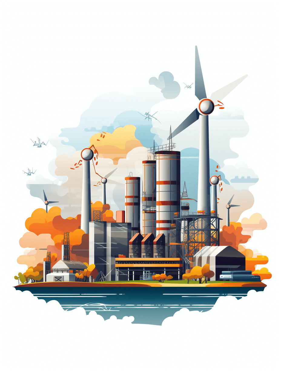 Flat vector illustration of an industrial factory with wind turbines in the background, white background, pastel colors, autumn season, high resolution, detailed, concept art for poster or web design, in the style of surrealism.