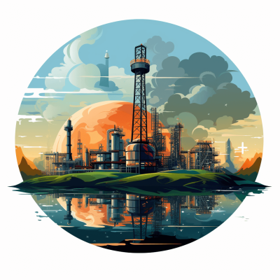 A vector illustration of an industrial landscape with an oil farm, sky and lake in the background, in a circular design, with simple shapes, flat colors, white background, in the style of a cartoon, vector art, a digital painting, high resolution, high quality, high detail, without shading, without gradient, without a black border, without outlines, without shadows, without reflections, without highlights, without reflections, without shadows.