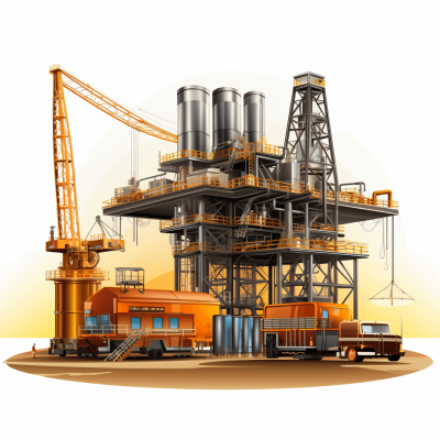 A realistic oil production platform, with cranes and vehicles around it, set against an isolated white background. The illustration is in vector format with vibrant colors, featuring high contrast shadows for depth. It has clear outlines and intricate details, showcasing the industrial essence of the scene in the style of an experienced technical illustrator.