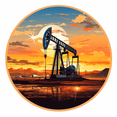 Oil pump in the desert at sunset, vector illustration with white background for sticker or logo design. A stylized oil well tower standing tall against an orange and blue sky during golden hour, surrounded by rugged terrain and distant mountains. The scene is bathed in warm sunlight reflecting off water near the crane's feet. This circleshaped sticker captures the energy of ground grave combating nature.