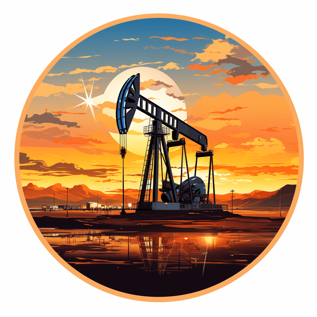 Oil pump in the desert at sunset, vector illustration with white background for sticker or logo design. A stylized oil well tower standing tall against an orange and blue sky during golden hour, surrounded by rugged terrain and distant mountains. The scene is bathed in warm sunlight reflecting off water near the crane’s feet. This circleshaped sticker captures the energy of ground grave combating nature.