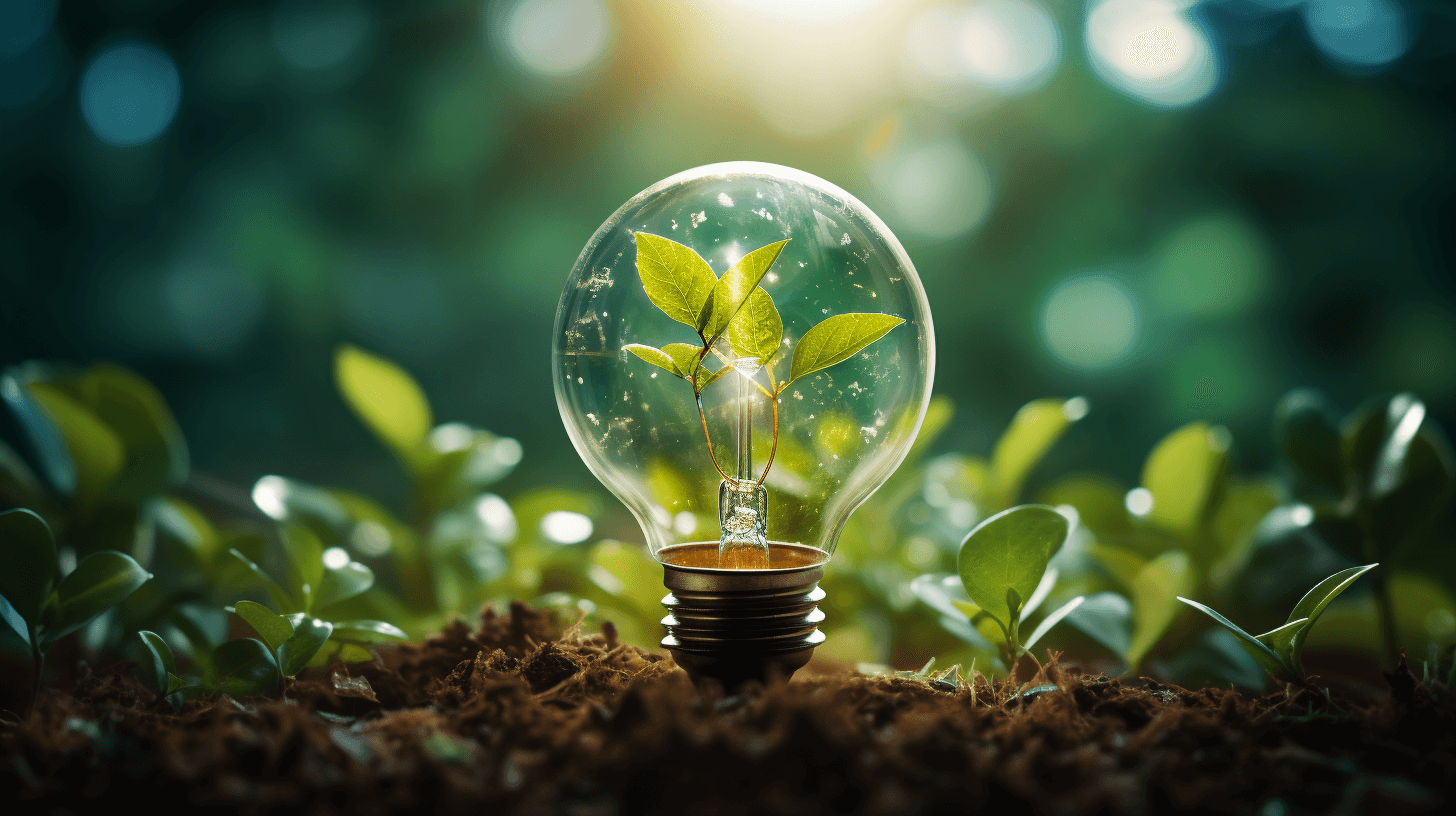 Green energy concept with a light bulb and plant in sunlight on a nature background, sustainable development, green environmental protection technology, ecological future, ecofriendly innovation. Green power concept in the style of businessinyk, high resolution photography, detailed photo stock illustration.