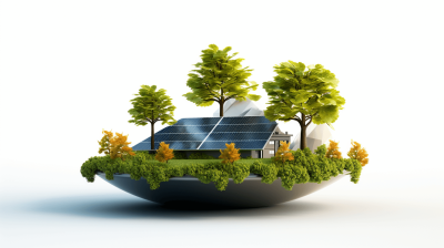 3D rendering of a floating planet with green trees and solar panels on a white background, an eco-friendly house with large windows, a photovoltaic system on the roof, sun rays, high resolution photography, insanely detailed, isolated plain, stock photo quality in the style of various artists.