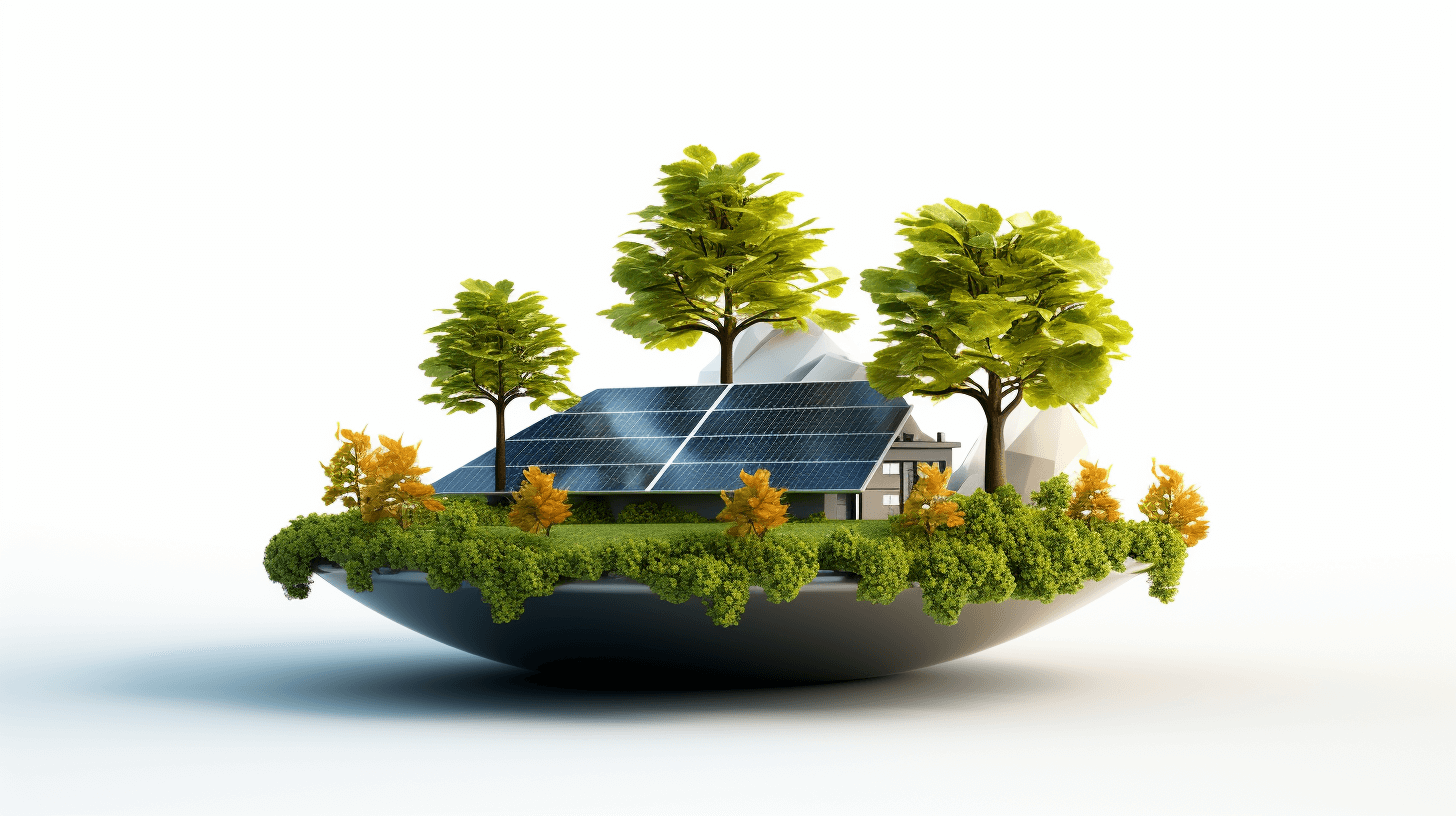 3D rendering of a floating planet with green trees and solar panels on a white background, an eco-friendly house with large windows, a photovoltaic system on the roof, sun rays, high resolution photography, insanely detailed, isolated plain, stock photo quality in the style of various artists.