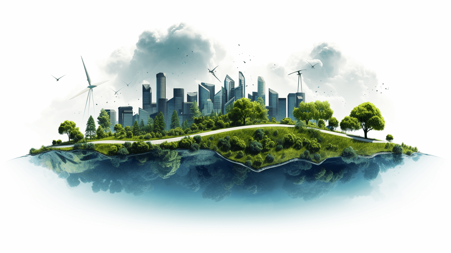 Schipper style illustration of an island with green trees and modern city buildings, wind turbines on the horizon, white background, high resolution, no text or letters in the illustration, high detail, high contrast, HDR style.