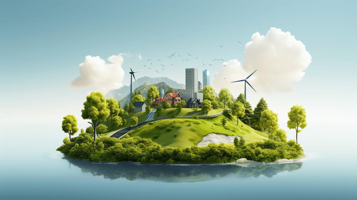 3d illustration of an island with wind turbines and greenery, sustainable energy concept, ecofriendly cityscape, eco warriors living in harmony with nature, light blue background,