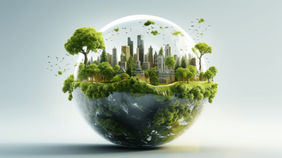 3D rendering of the Earth with green trees and buildings inside it. In front is an egg-shaped globe on which there is a cityscape and forests. The background color is light blue, creating a sense of calmness. This concept symbolizes sustainable development, environmental protection, ecology or nature.