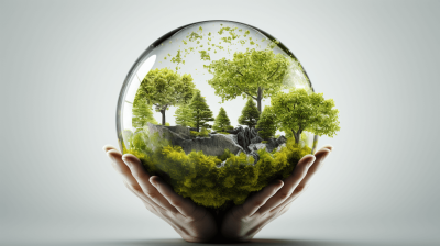 An illustration of hands holding an eggshaped glass globe containing lush green trees and rocks, symbolizing the concept of protecting nature's environment for future generations. white background, high resolution photography, insanely detailed, fine details, stock photo, professional color grading, hyper realistic photography