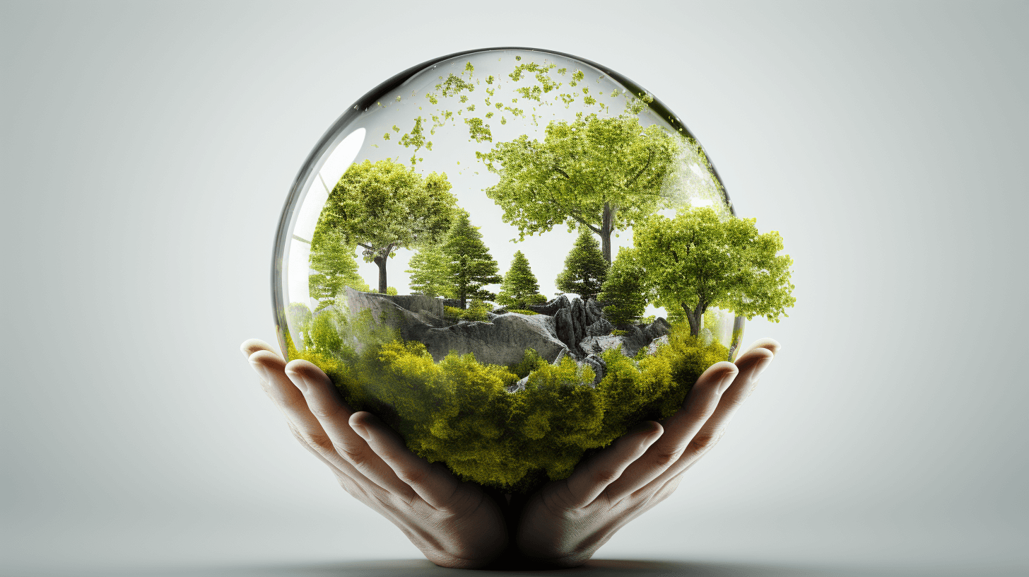 An illustration of hands holding an eggshaped glass globe containing lush green trees and rocks, symbolizing the concept of protecting nature’s environment for future generations. white background, high resolution photography, insanely detailed, fine details, stock photo, professional color grading, hyper realistic photography