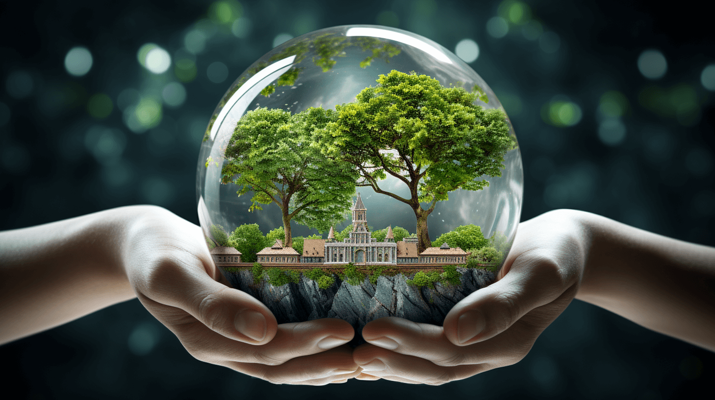 Hands holding a glass sphere with green trees and a building inside, isolated on a dark background, in the style of a banner design, copy space concept for environment protection or sustainability technology template stock photo contest winner, high resolution.