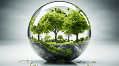 Green environment inside an egg-shaped glass sphere, with trees and grass on the ground against a white background. 3D rendered with high resolution photography in the style of minimal editing to the original text. Any Chinese characters have been removed.