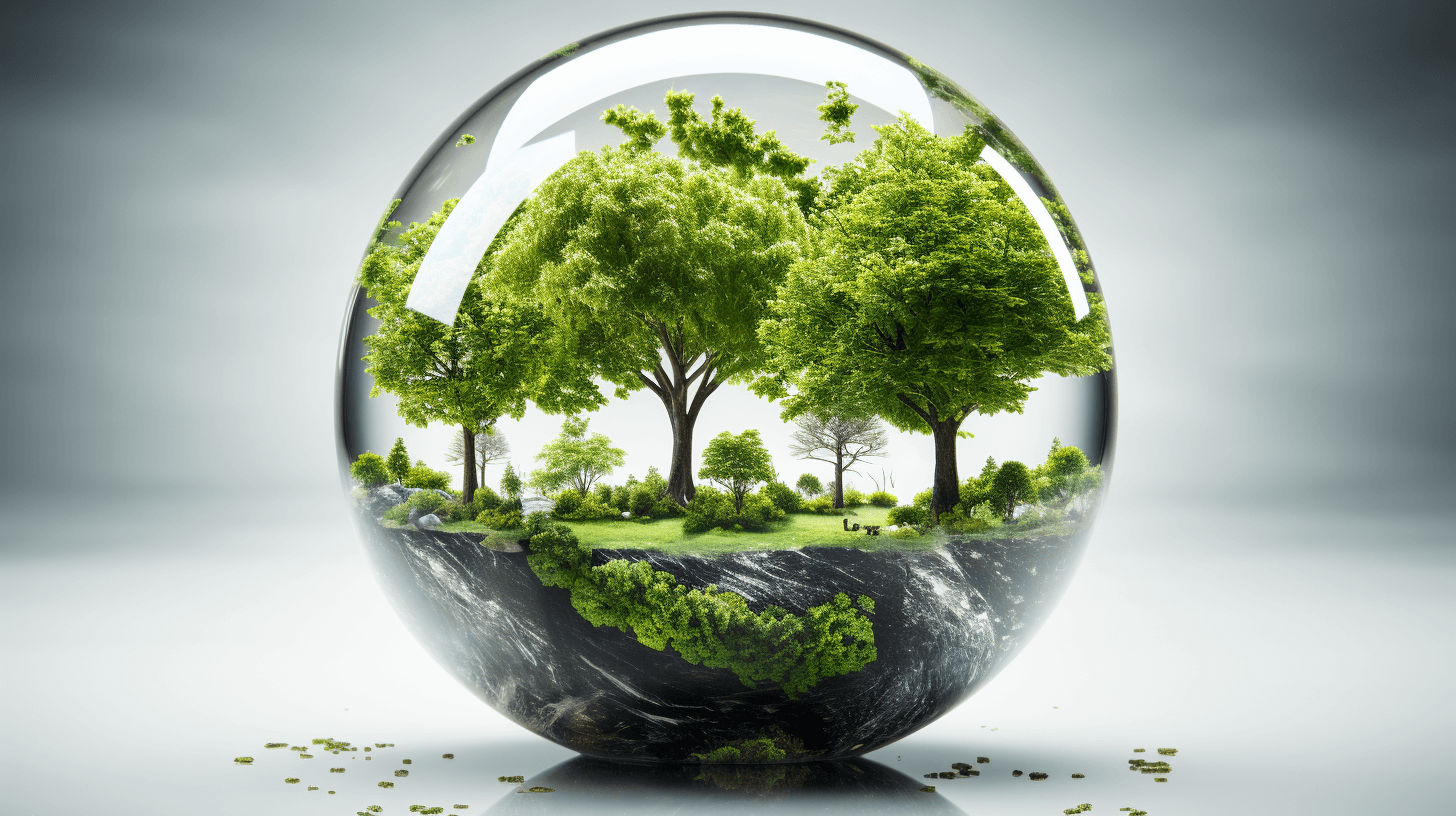 Green environment inside an egg-shaped glass sphere, with trees and grass on the ground against a white background. 3D rendered with high resolution photography in the style of minimal editing to the original text. Any Chinese characters have been removed.