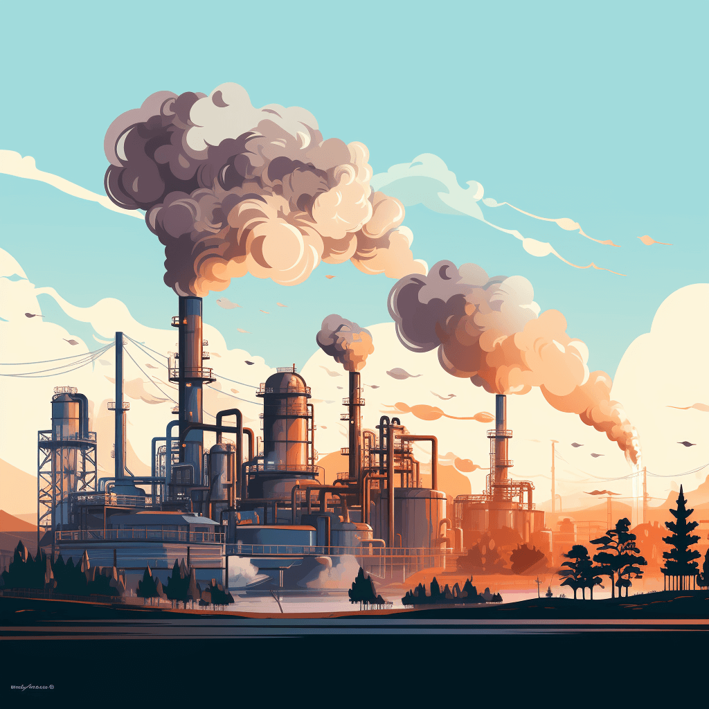 An industrial plant with smokestacks emitting clouds is illustrated in a cartoon style. The plant is set against a flat landscape backdrop. The scene is rendered with a warm and cool color palette and soft lighting. It features a clear sky and a few trees to add depth. This design captures the environmental impact of urban industry.