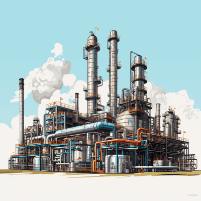 An industrial plant with multiple machinery and pipes, cartoon style, flat design, vector illustration, simple background, white background, high resolution, high quality, high detail, bright colors, blue sky, clouds in the background, oil painting style, front view of an old cement factory. The main building is made up of large steel structures, which have various instruments for production. There should be no people or characters on it. It's like an abandoned place. No one was working there.,