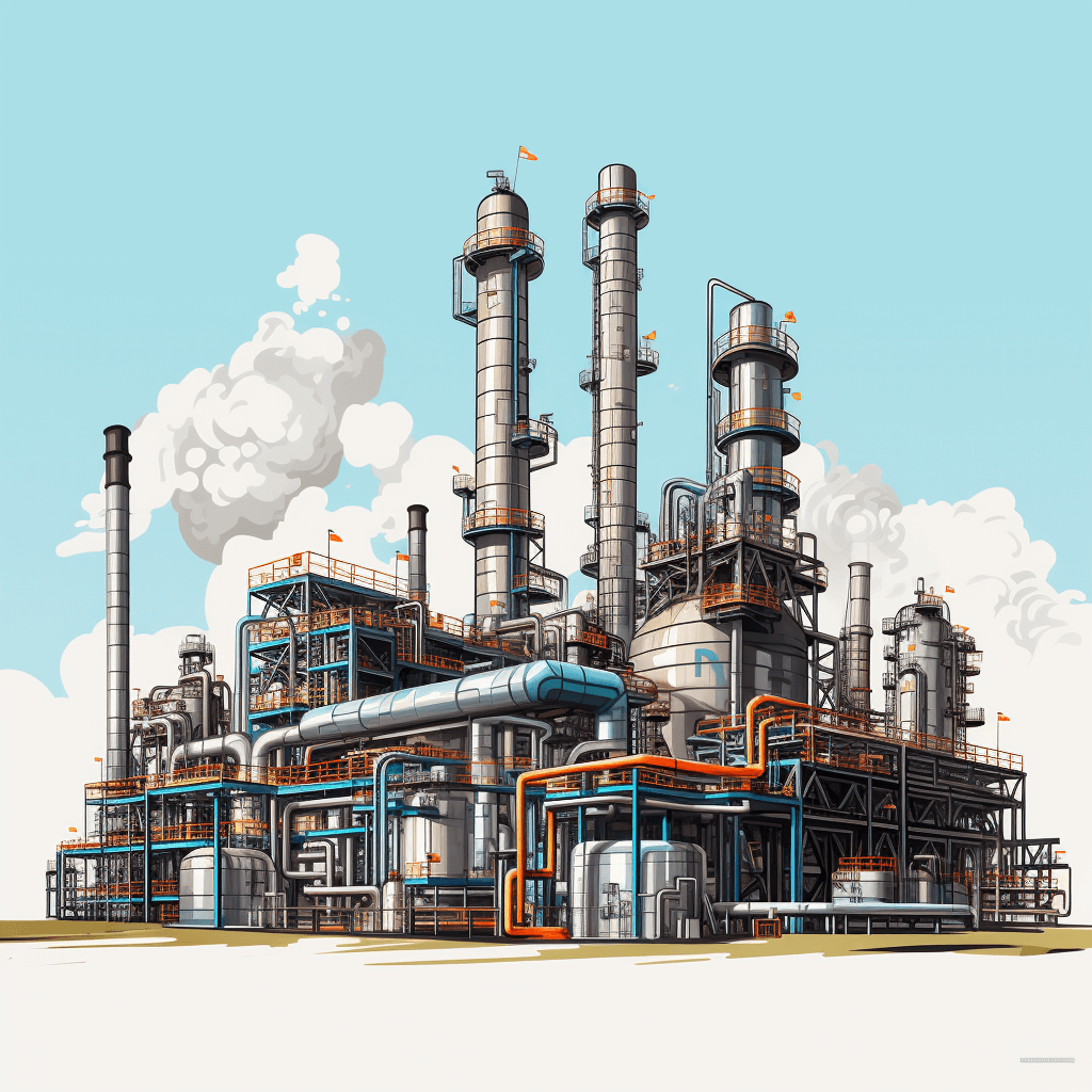 An industrial plant with multiple machinery and pipes, cartoon style, flat design, vector illustration, simple background, white background, high resolution, high quality, high detail, bright colors, blue sky, clouds in the background, oil painting style, front view of an old cement factory. The main building is made up of large steel structures, which have various instruments for production. There should be no people or characters on it. It’s like an abandoned place. No one was working there.,