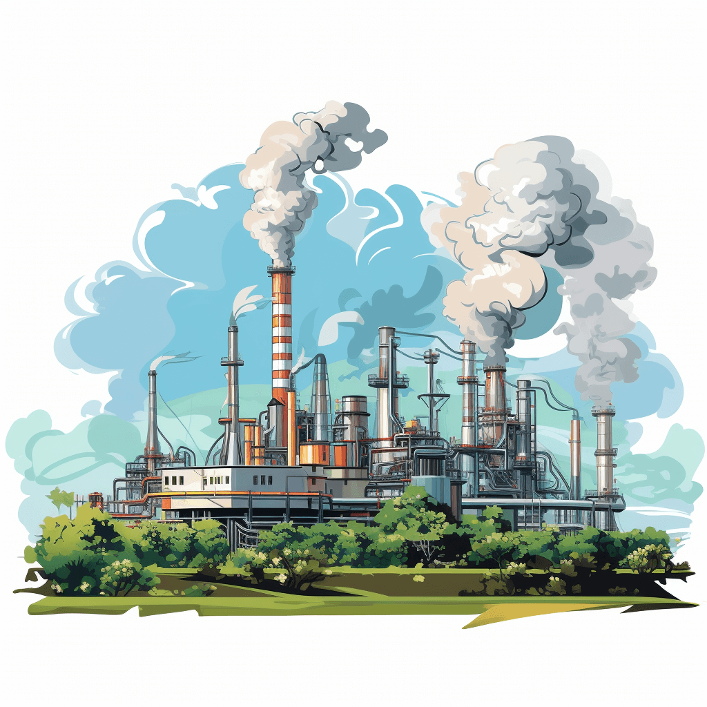 A factory with smoke coming out of its chimneys, in the style of a cartoon vector illustration on a white background. The scene includes an industrial plant surrounded by greenery and trees, showcasing the environmental impact of industry. Vector Illustration, hand drawn digital art with simple shapes for easy cutout, vector graphic design, high resolution, high quality, high detail, clipart.